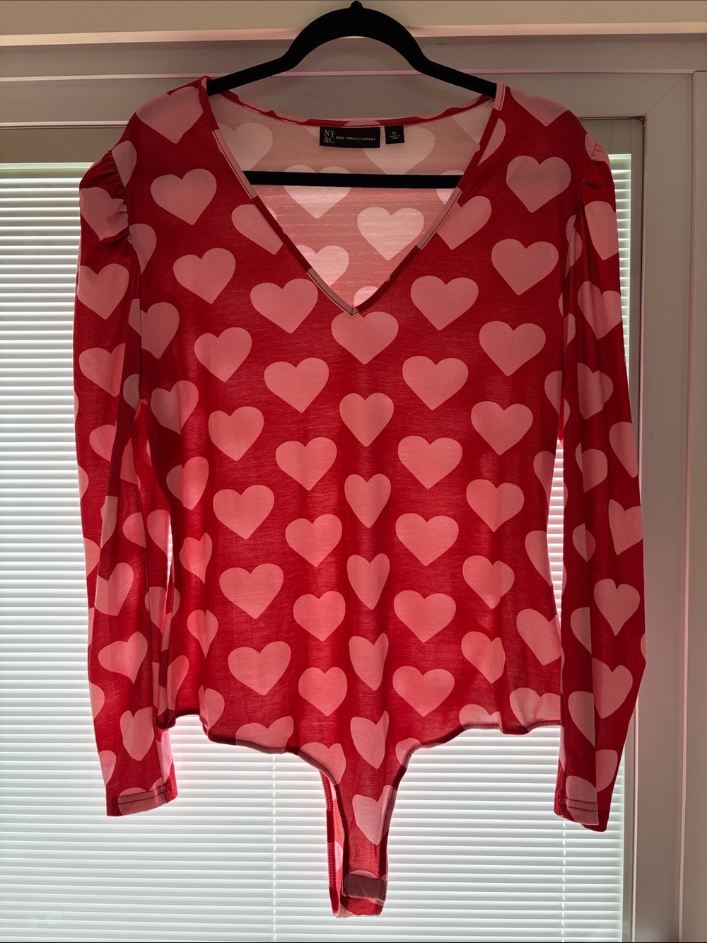 New York & Company Red and Pink Heart Long Sleeve Bodysuit Size XL
